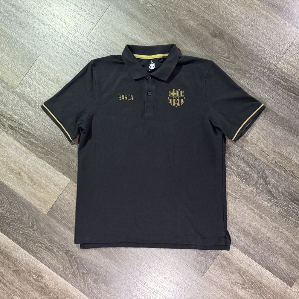 FC Barcelona Mens L Black Gold Barca Soccer Football Polo Shirt Short Sleeve